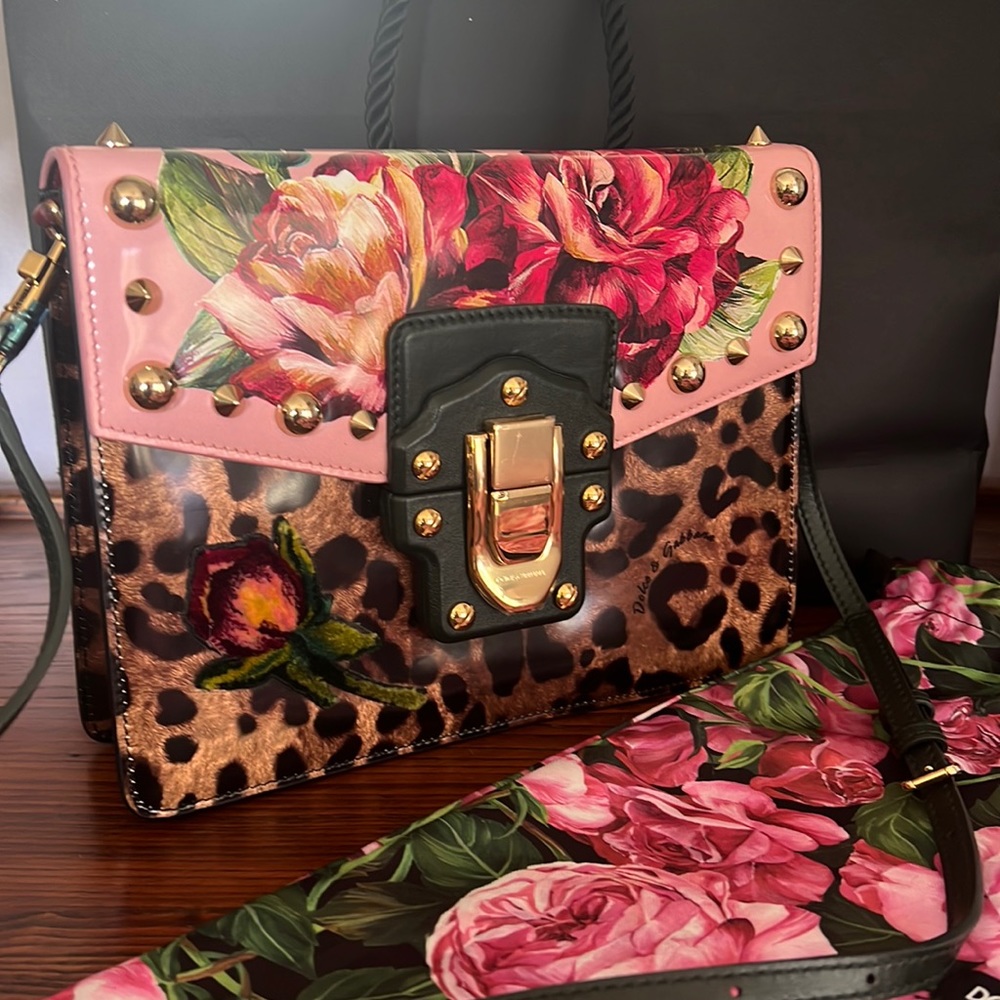 DOLCE & GABBANA Lucia Printed and Embellished Leather Shoulder Bag NEW